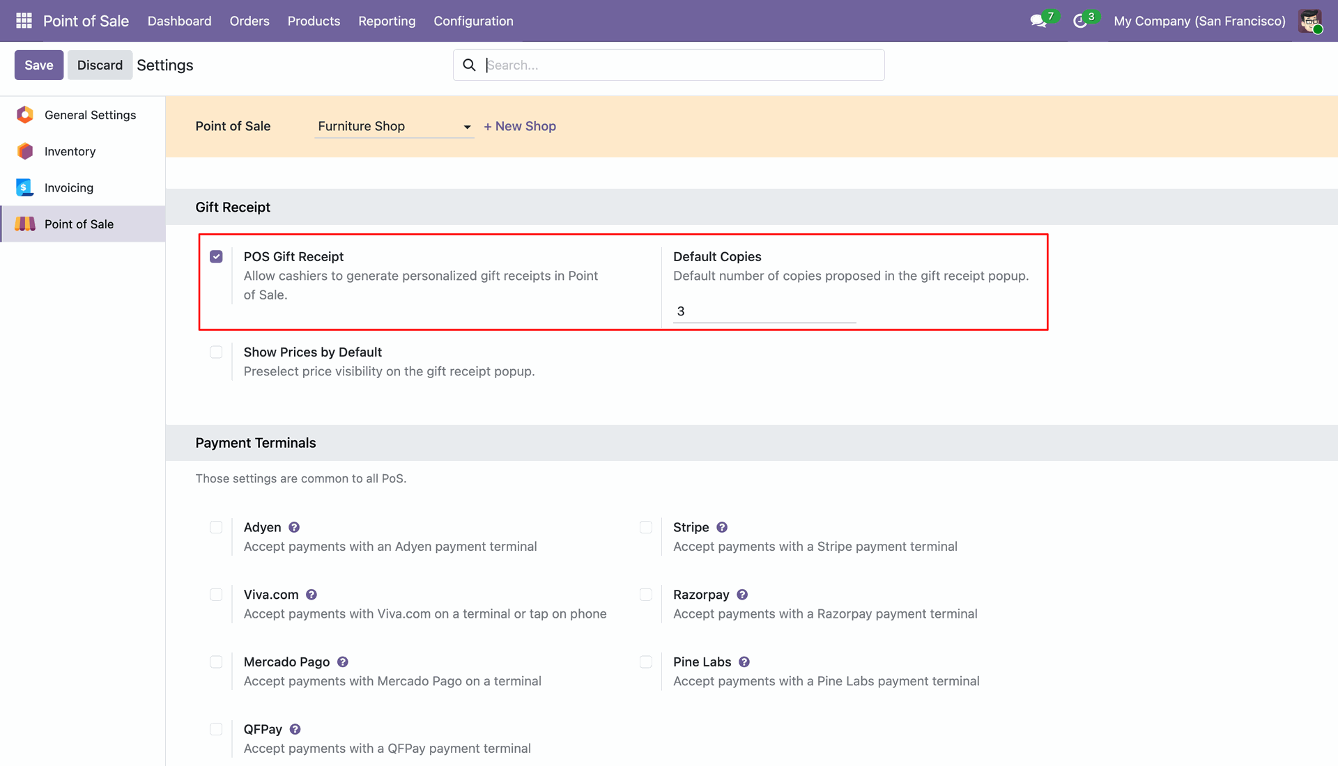 Odoo Point of Sale settings configuration view showing the POS Gift Receipt option enabled and Default Copies set to 3.