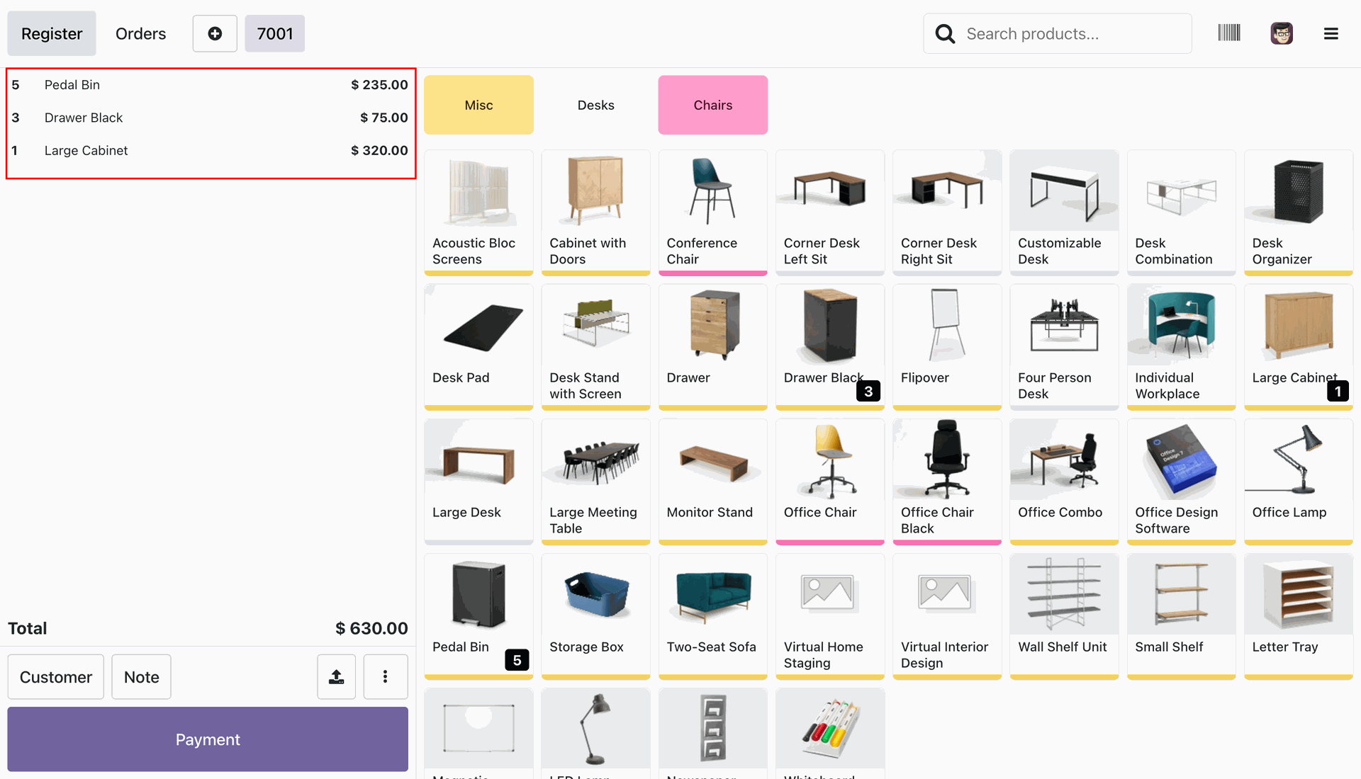 Odoo POS interface cart view showing the active register with items in the cart: Pedal Bin, Drawer Black, and Large Cabinet.