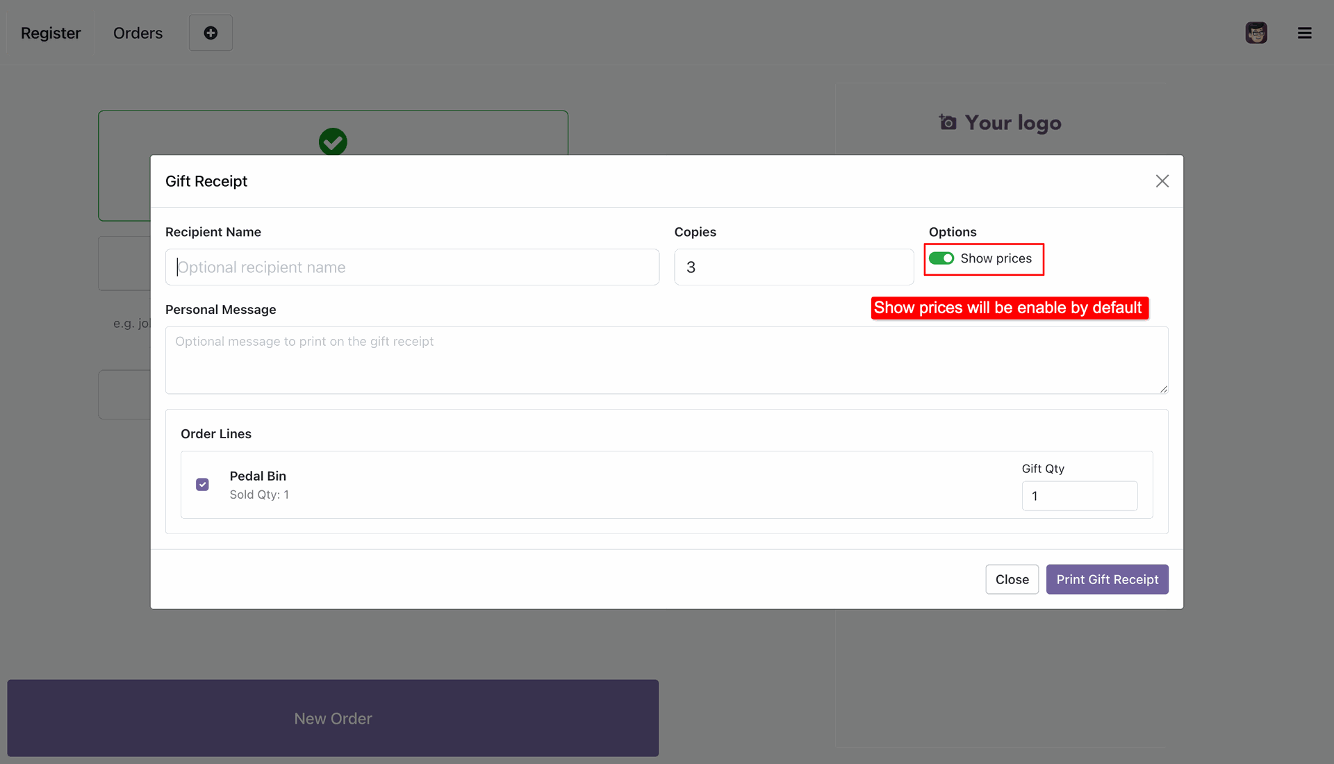 Odoo POS Gift Receipt popup customization modal showing the Show prices toggle pre-selected as enabled based on default settings.