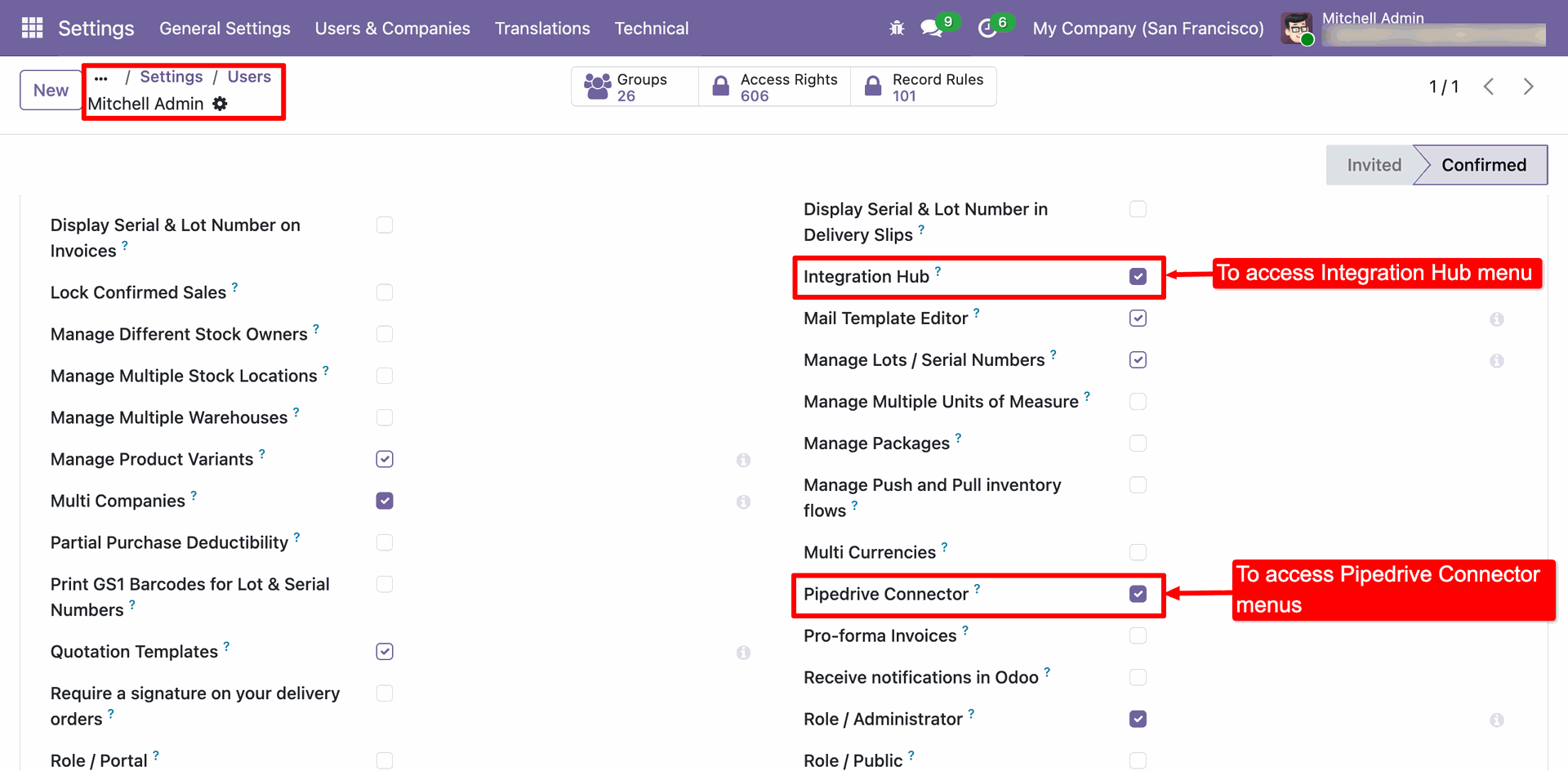 Access Rights configuration in Odoo Users settings, showing the checkboxes to grant access for Integration Hub and Pipedrive Connector.