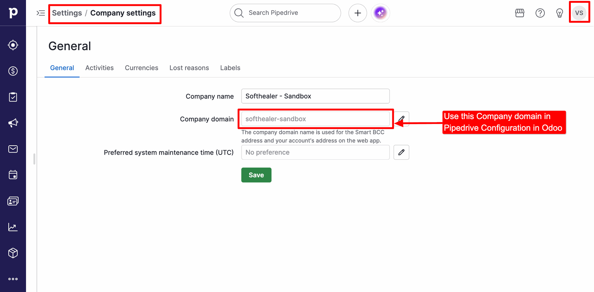 Company Settings under Pipedrive's General Preferences, showing the Company domain to copy for Odoo configuration.