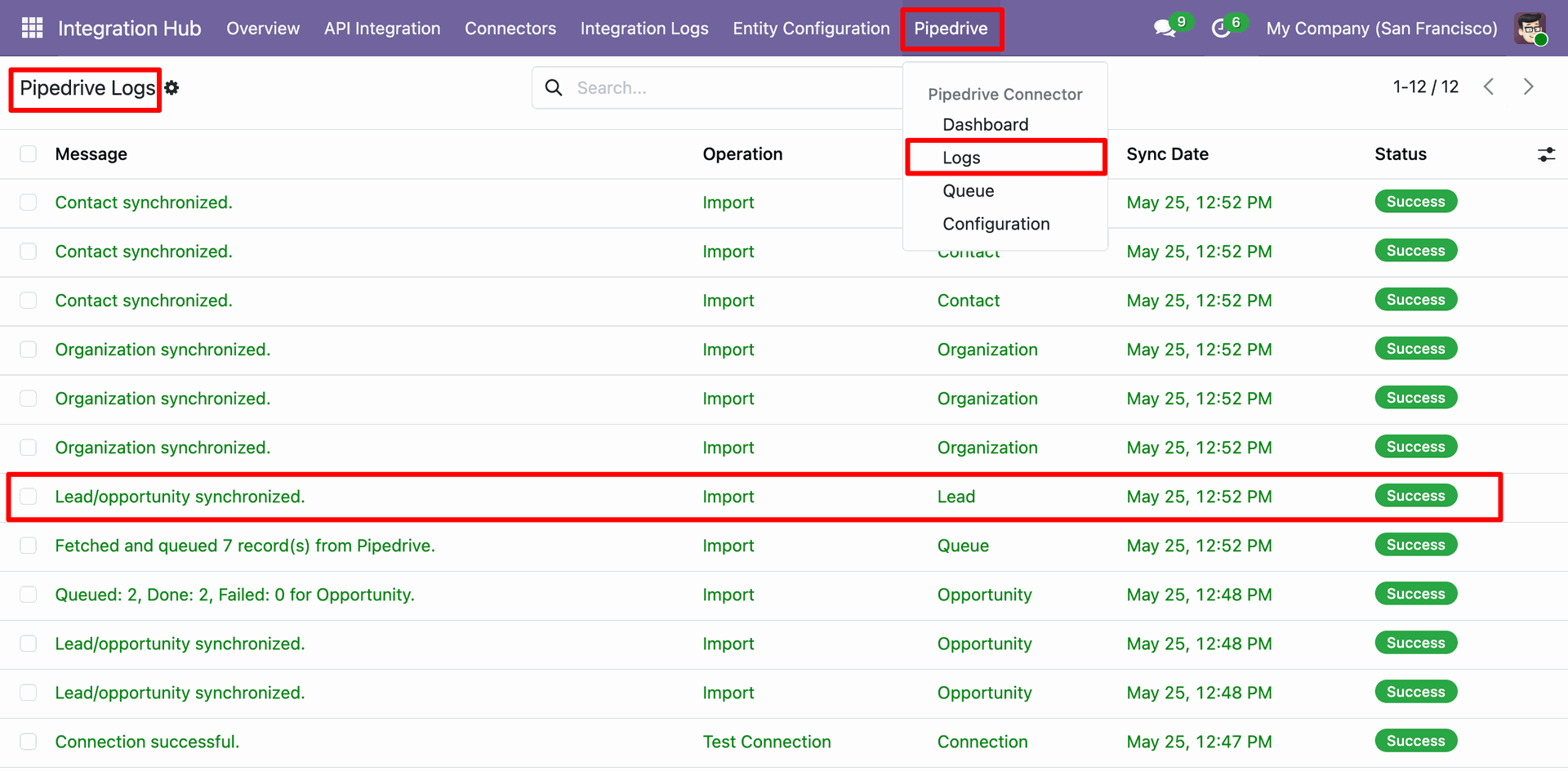 Odoo Pipedrive Logs list view detailing the synchronization logs with status, operation type, model, and message info.