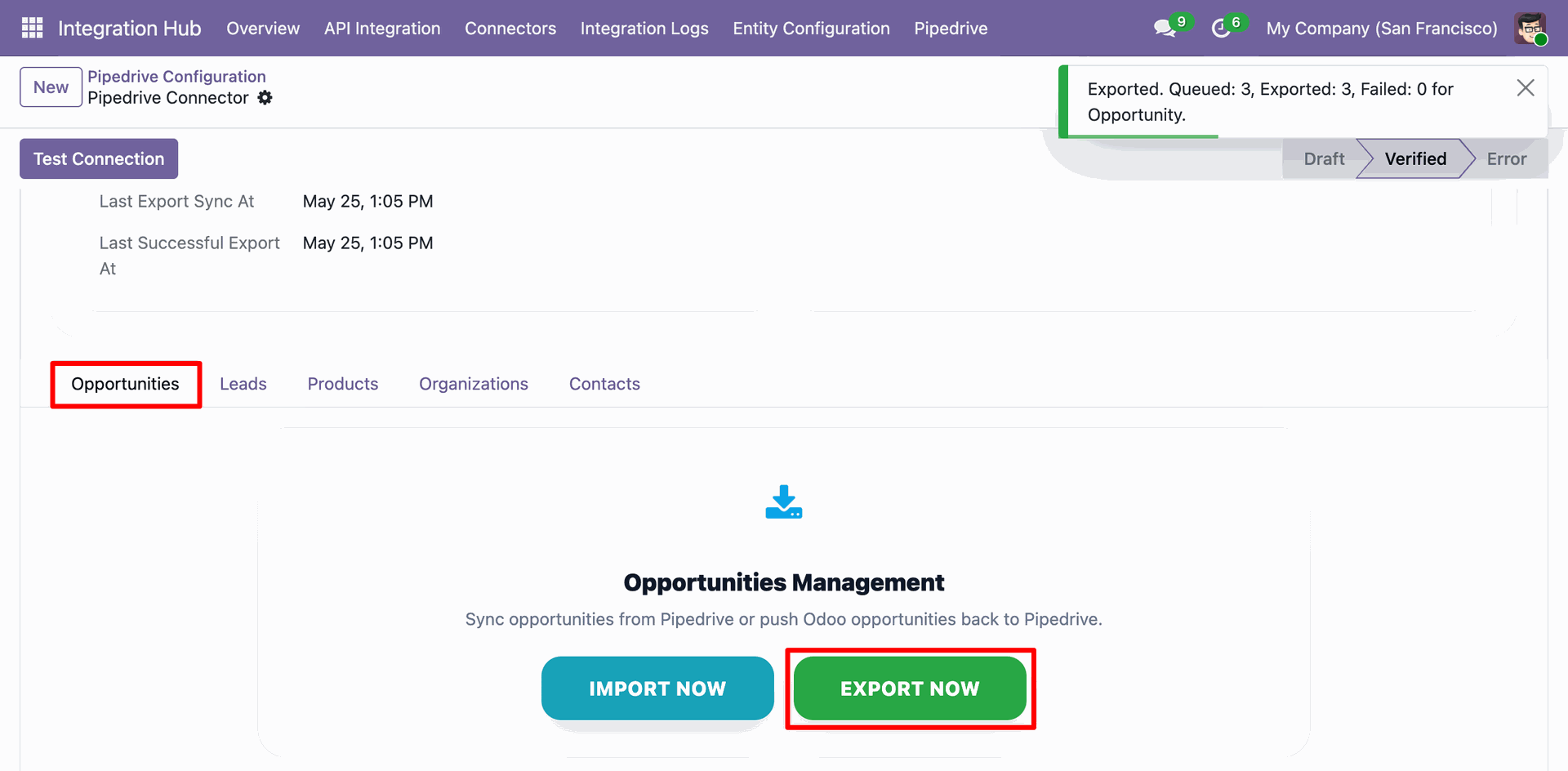 Odoo Pipedrive Configuration - Opportunities tab, displaying the 'EXPORT NOW' action execution result showing 3 deals queued and exported.
