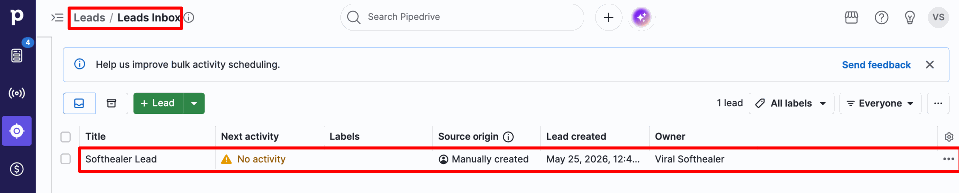 Leads Inbox in Pipedrive displaying a manually created lead ('Campbell: Chairs') before import.