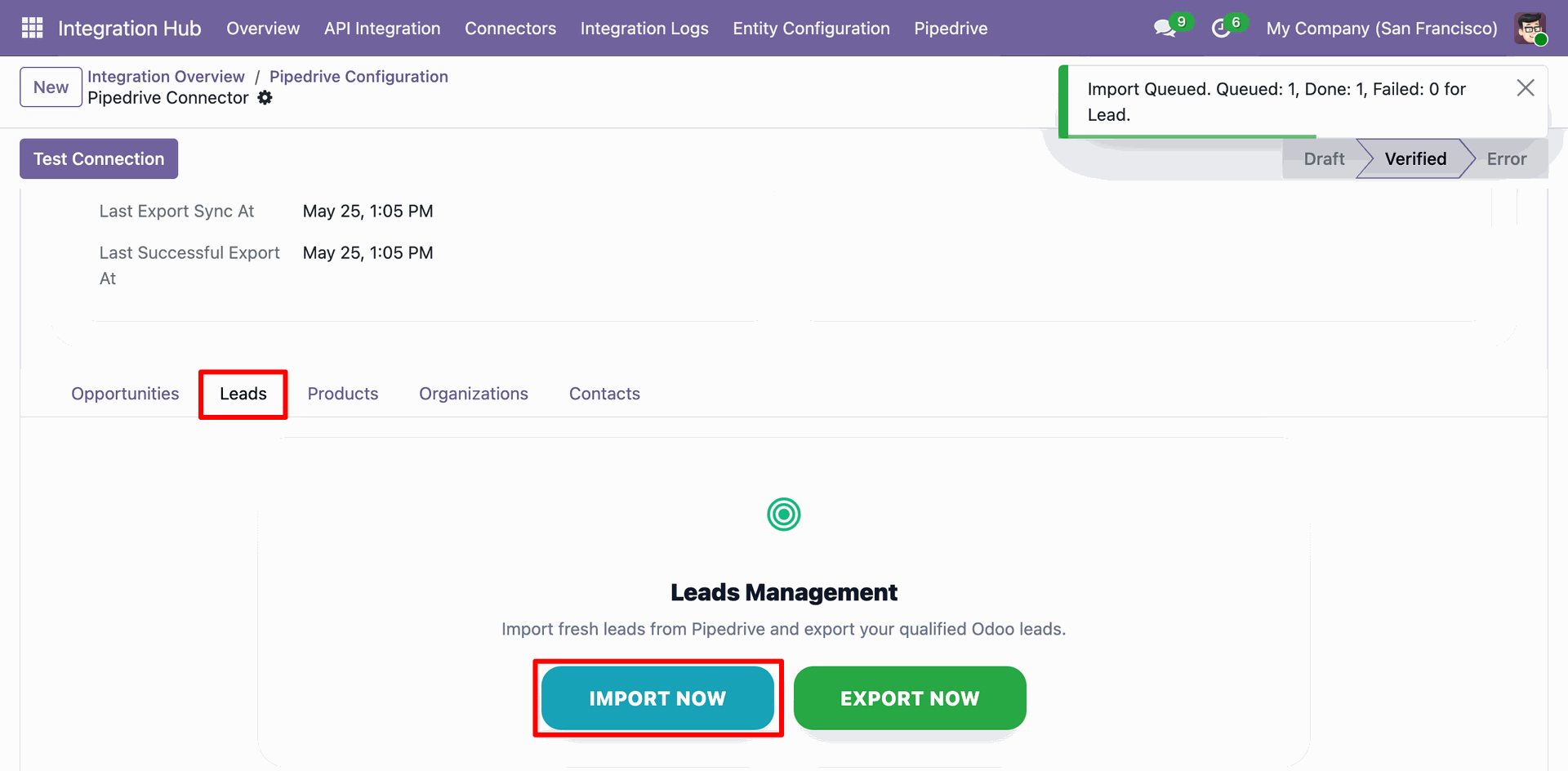Odoo Pipedrive Configuration - Leads tab, displaying the 'IMPORT NOW' action execution result showing 1 lead queued and imported.
