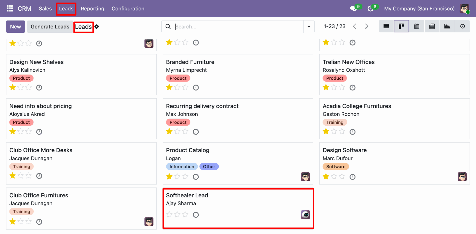 Odoo CRM Leads kanban view showing the successfully imported Pipedrive Lead.