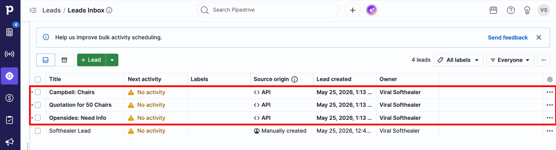 Leads Inbox in Pipedrive displaying the three newly exported Odoo leads ('Opensides: Need Info', 'Quotation for 50 Chairs', and 'Softhealer Lead') synchronized successfully.