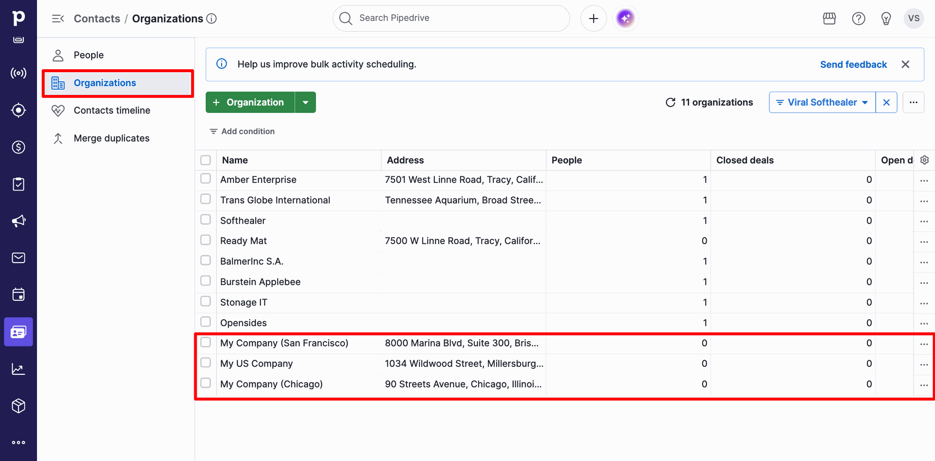 Pipedrive Contacts / Organizations list view displaying the three exported organizations ('My Company (San Francisco)', 'My US Company', and 'My Company (Chicago)') successfully synchronized.