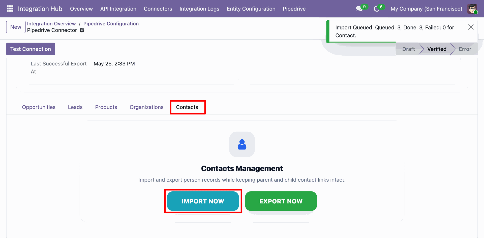 Odoo Pipedrive Configuration - Contacts tab, displaying the 'IMPORT NOW' action execution result showing 3 contacts queued and imported.