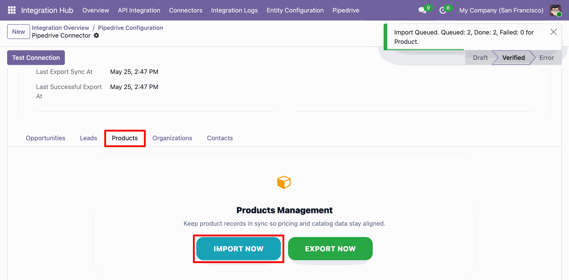 Odoo Pipedrive Configuration - Products tab, displaying the 'IMPORT NOW' action execution result showing 2 products queued and imported.