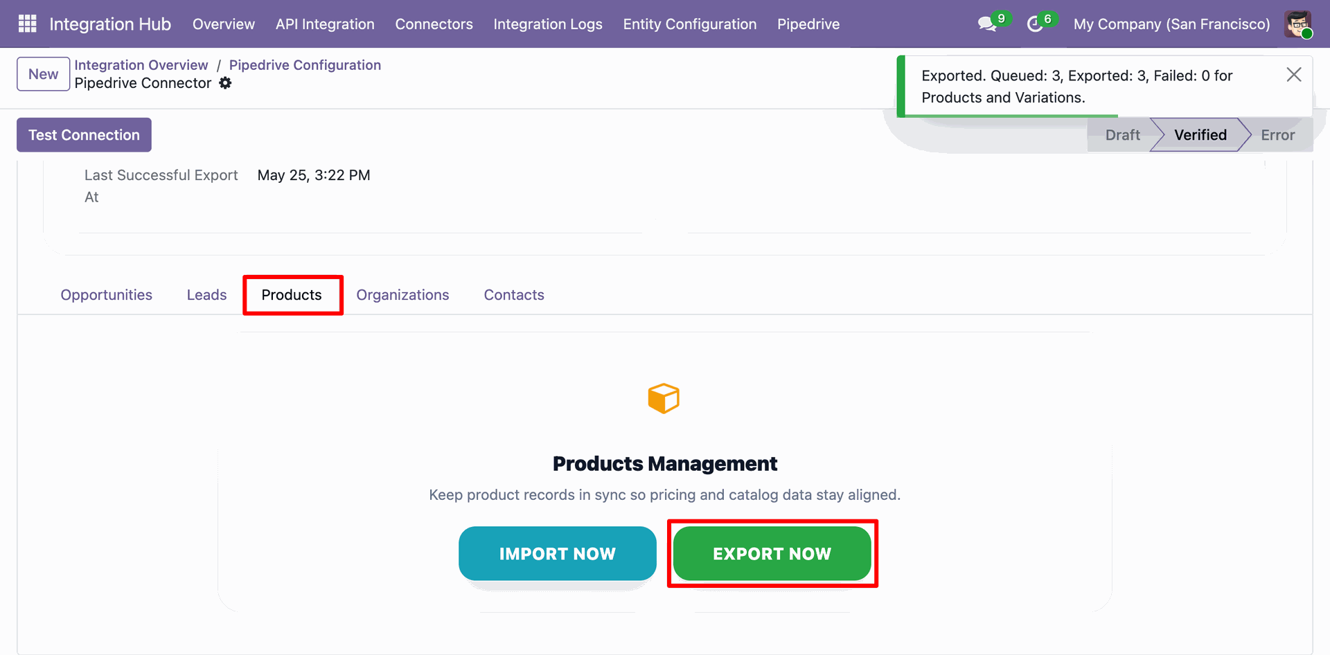 Odoo Pipedrive Configuration - Products tab, displaying the 'EXPORT NOW' action execution result showing 3 products queued and exported.
