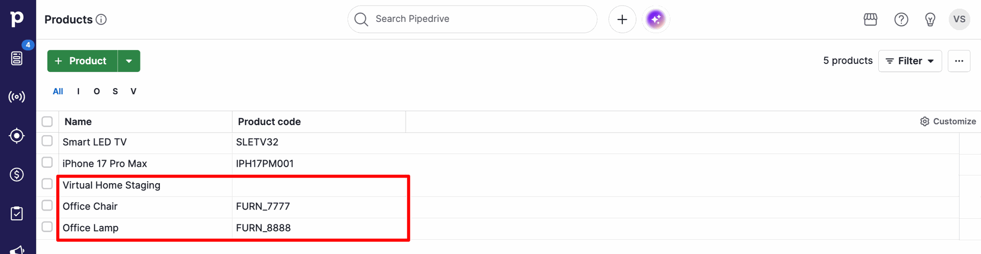 Products list view in Pipedrive displaying the newly exported products ('Virtual Home Staging', 'Office Chair', and 'Office Lamp') successfully synchronized.