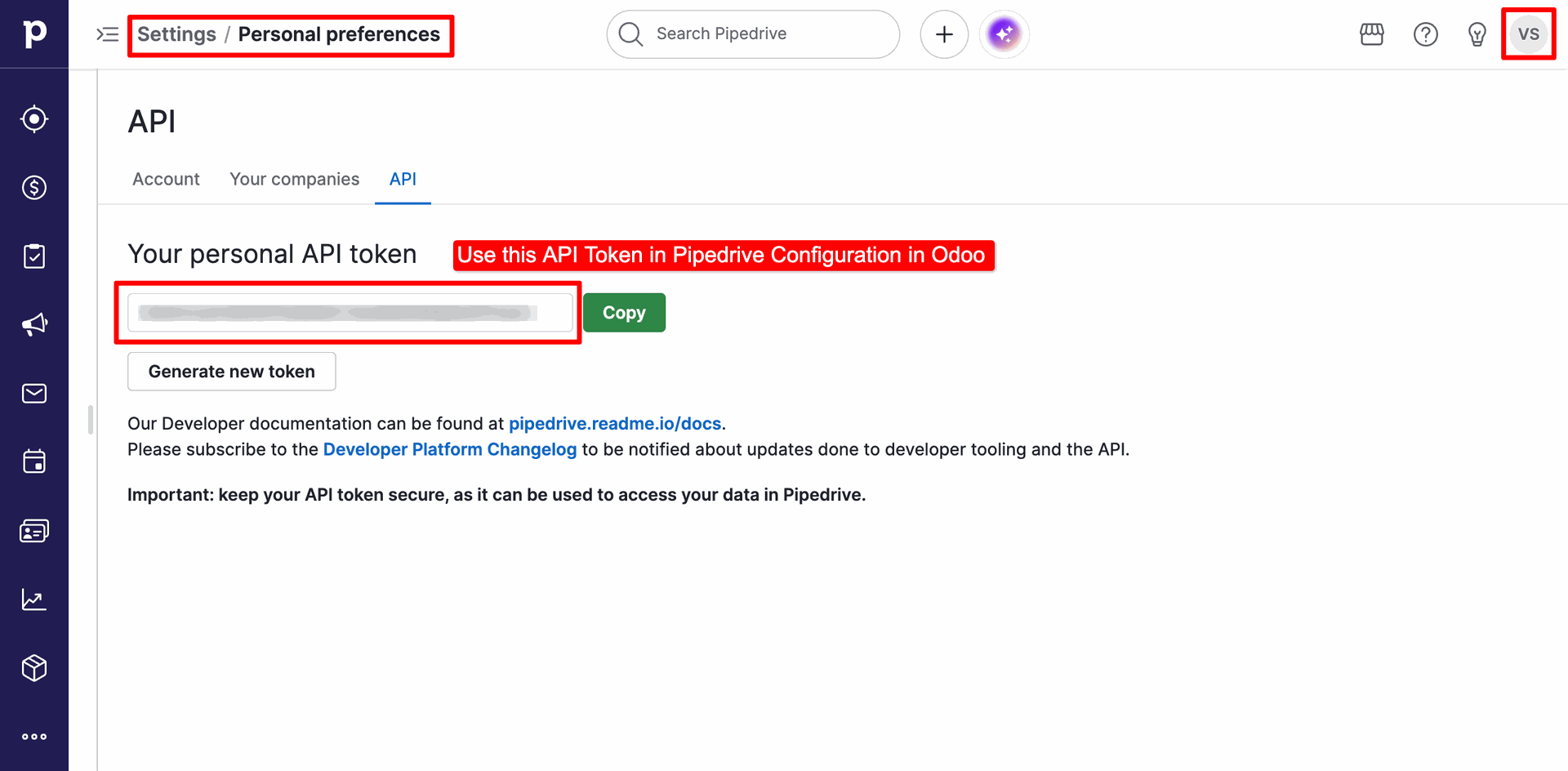 API Token settings page in Pipedrive's Personal Preferences, showing the API Token to copy for connection setup.