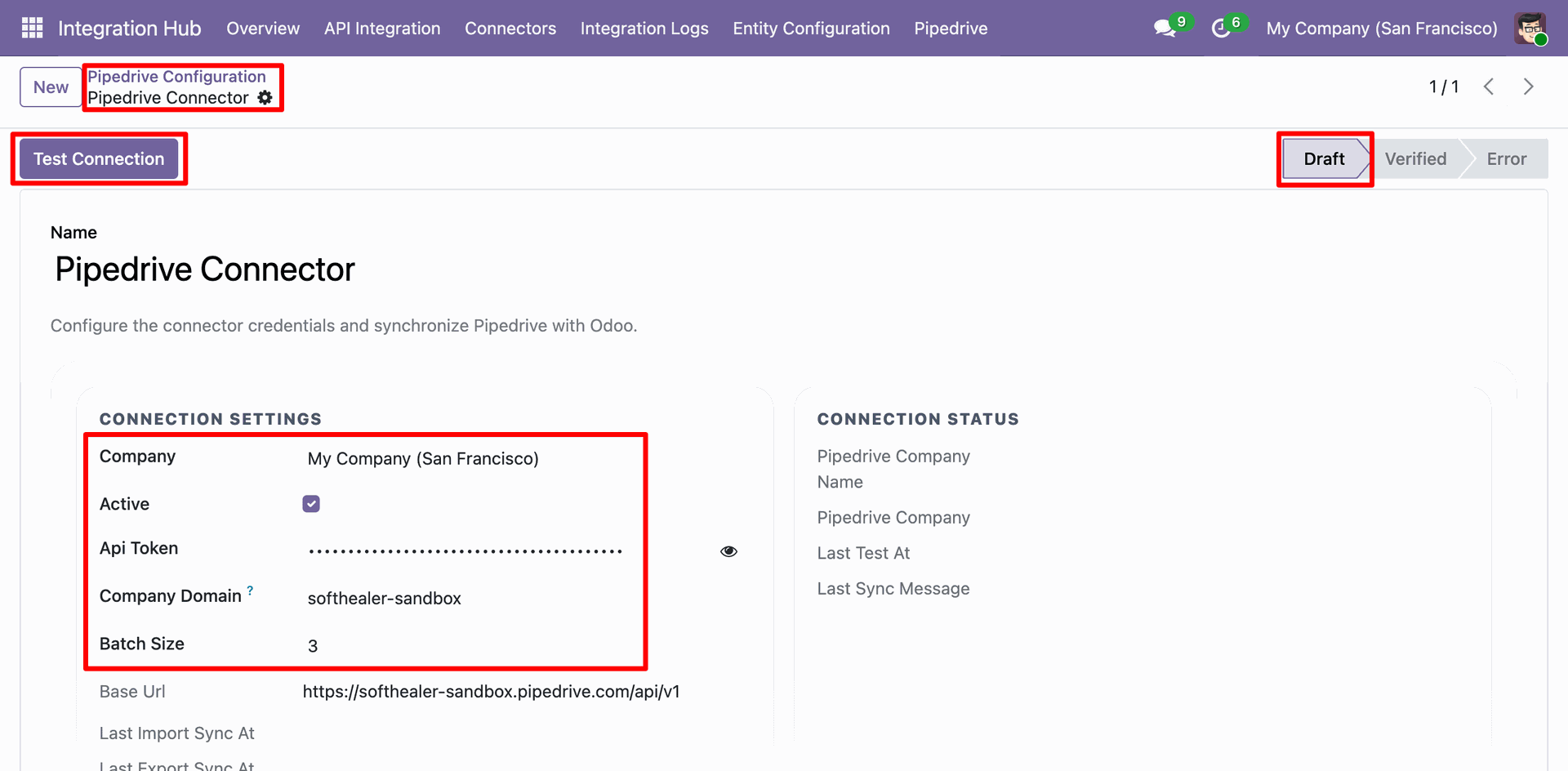 Odoo Pipedrive Configuration form displaying Draft state, showing fields to enter Company Domain, API Token, and batch limits.