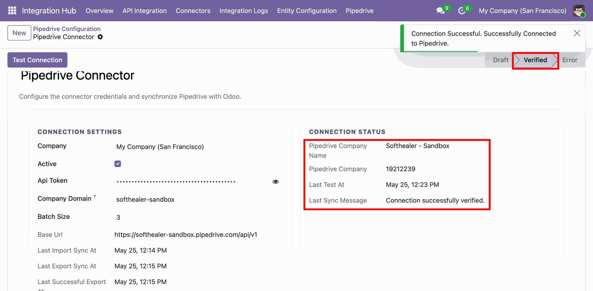 Odoo Pipedrive Configuration showing Connection Settings tested successfully with a 'Connection Successful' alert and state updated to Verified.