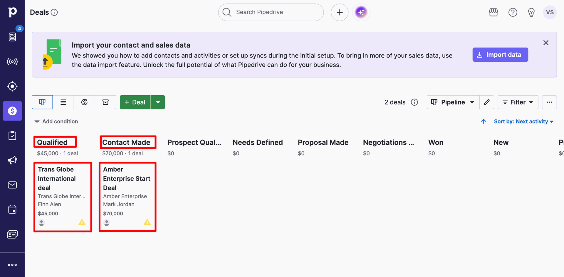Pipedrive CRM Deals pipeline kanban view containing two active deals under the 'Qualified' and 'Contact Made' stages.
