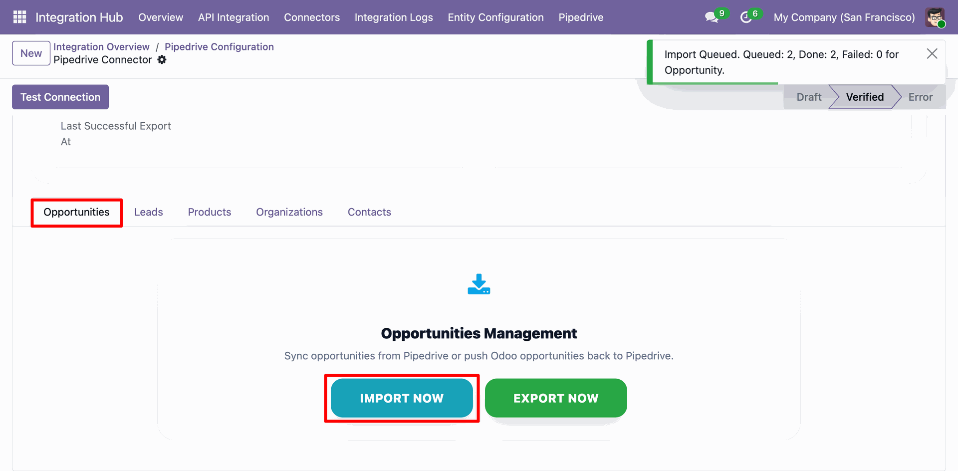Odoo Pipedrive Configuration - Opportunities tab, displaying the 'IMPORT NOW' action execution result showing 2 deals queued and successfully imported.