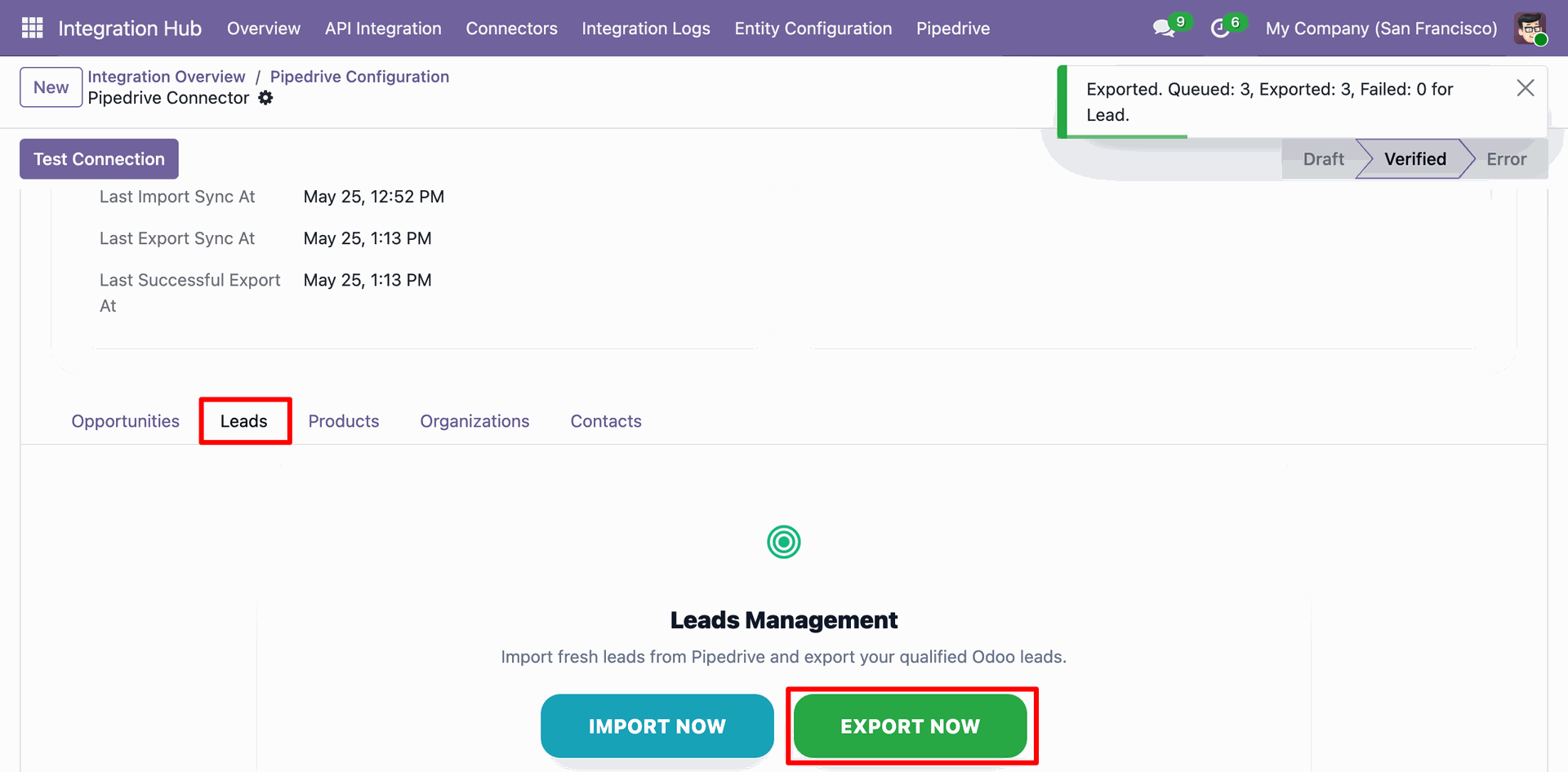 Odoo Pipedrive Configuration - Leads tab, displaying the 'EXPORT NOW' action execution result showing 3 leads queued and exported.