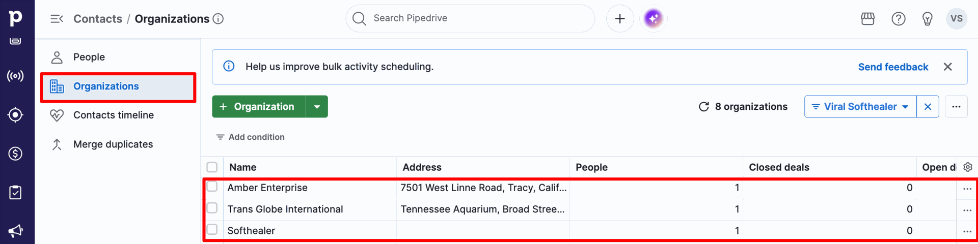 Pipedrive Contacts / Organizations list view showing companies (such as 'Amber Enterprise', 'Trans Globe International', 'Softhealer').