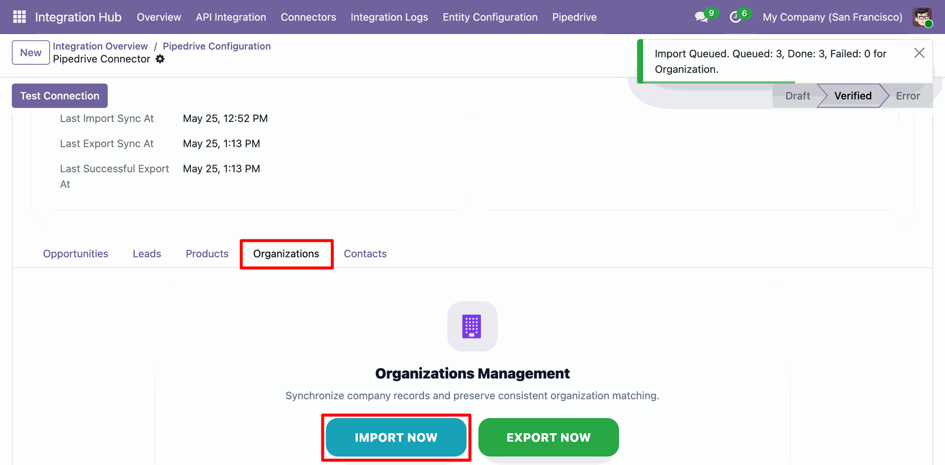Odoo Pipedrive Configuration - Organizations tab, displaying the 'IMPORT NOW' action execution result showing 3 organizations queued and imported.