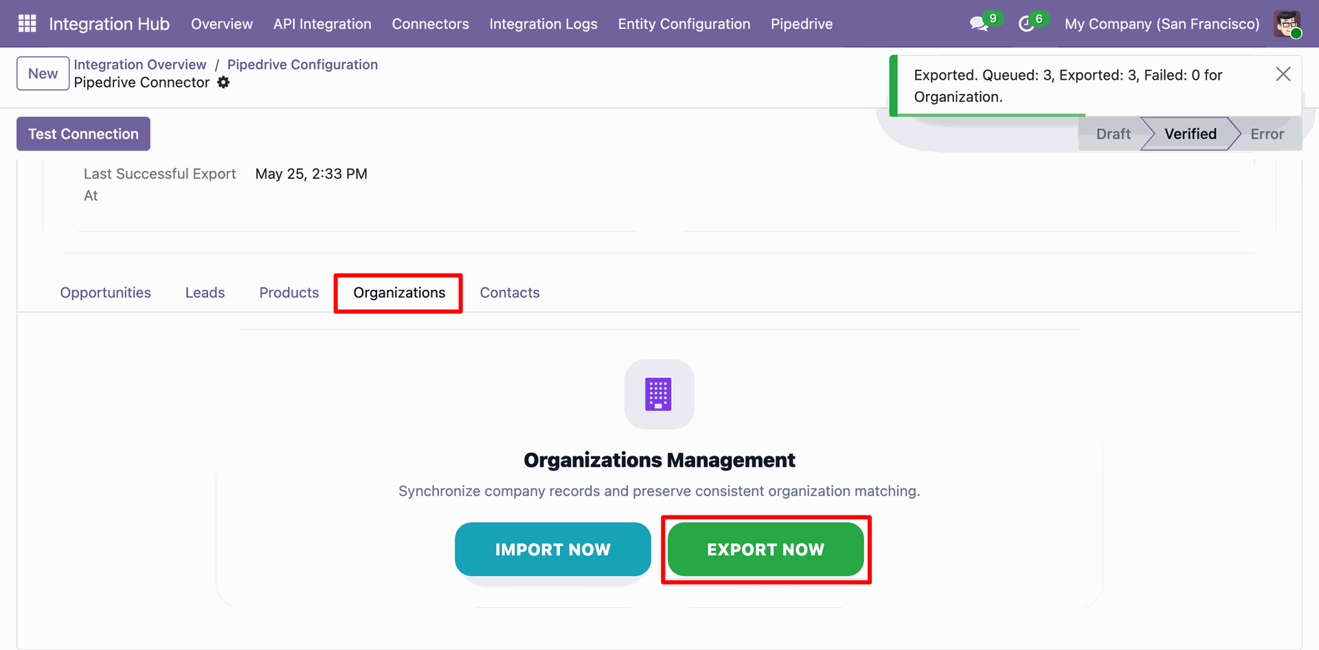 Odoo Pipedrive Configuration - Organizations tab, displaying the 'EXPORT NOW' action execution result showing 3 organizations queued and exported.