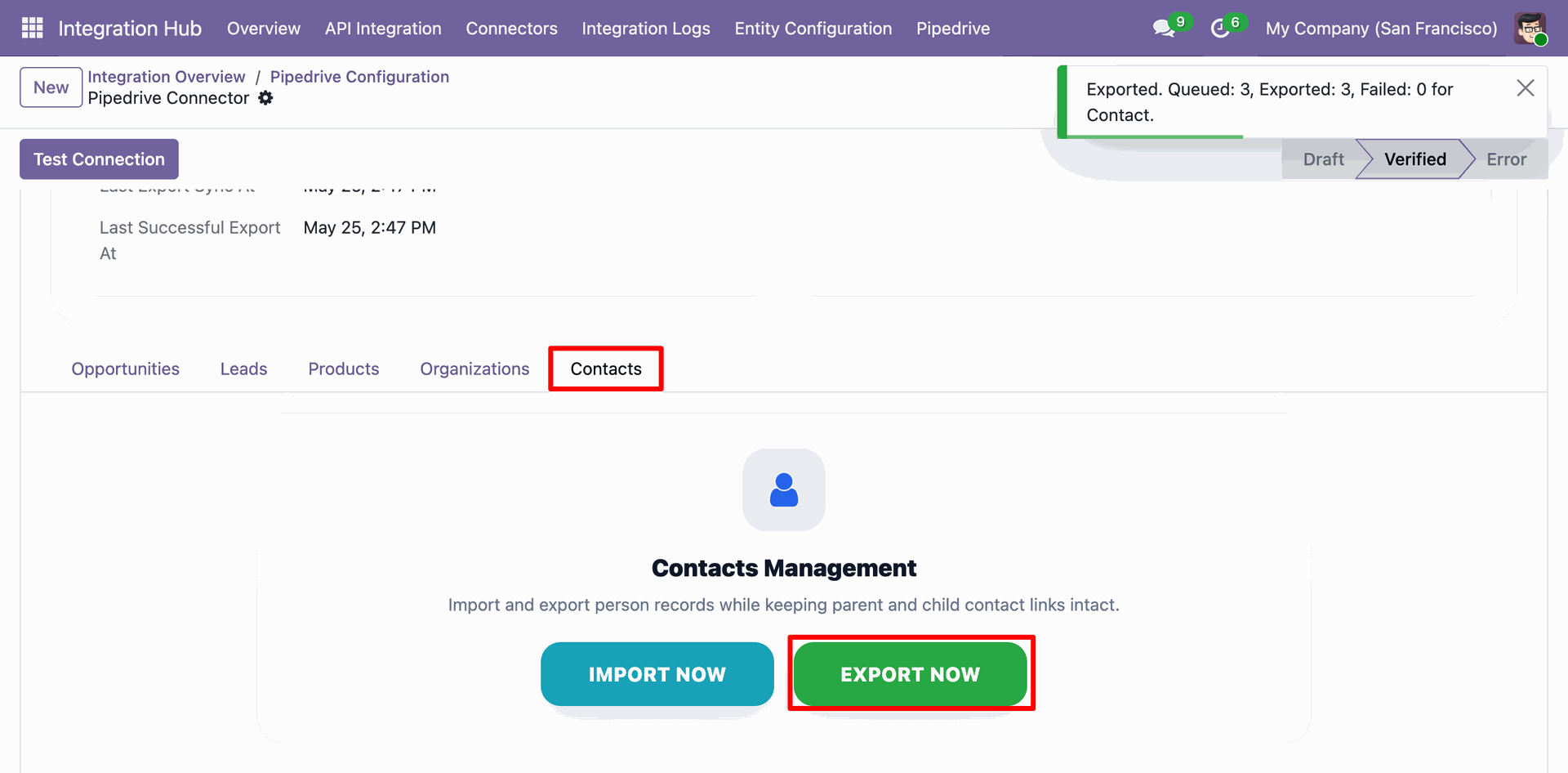 Odoo Pipedrive Configuration - Contacts tab, displaying the 'EXPORT NOW' action execution result showing 3 contacts queued and exported.