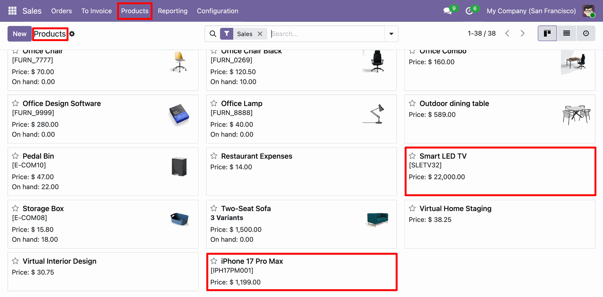 Odoo Sales Products kanban view showing the successfully imported products ('Smart LED TV' and 'iPhone 17 Pro Max') with their prices.