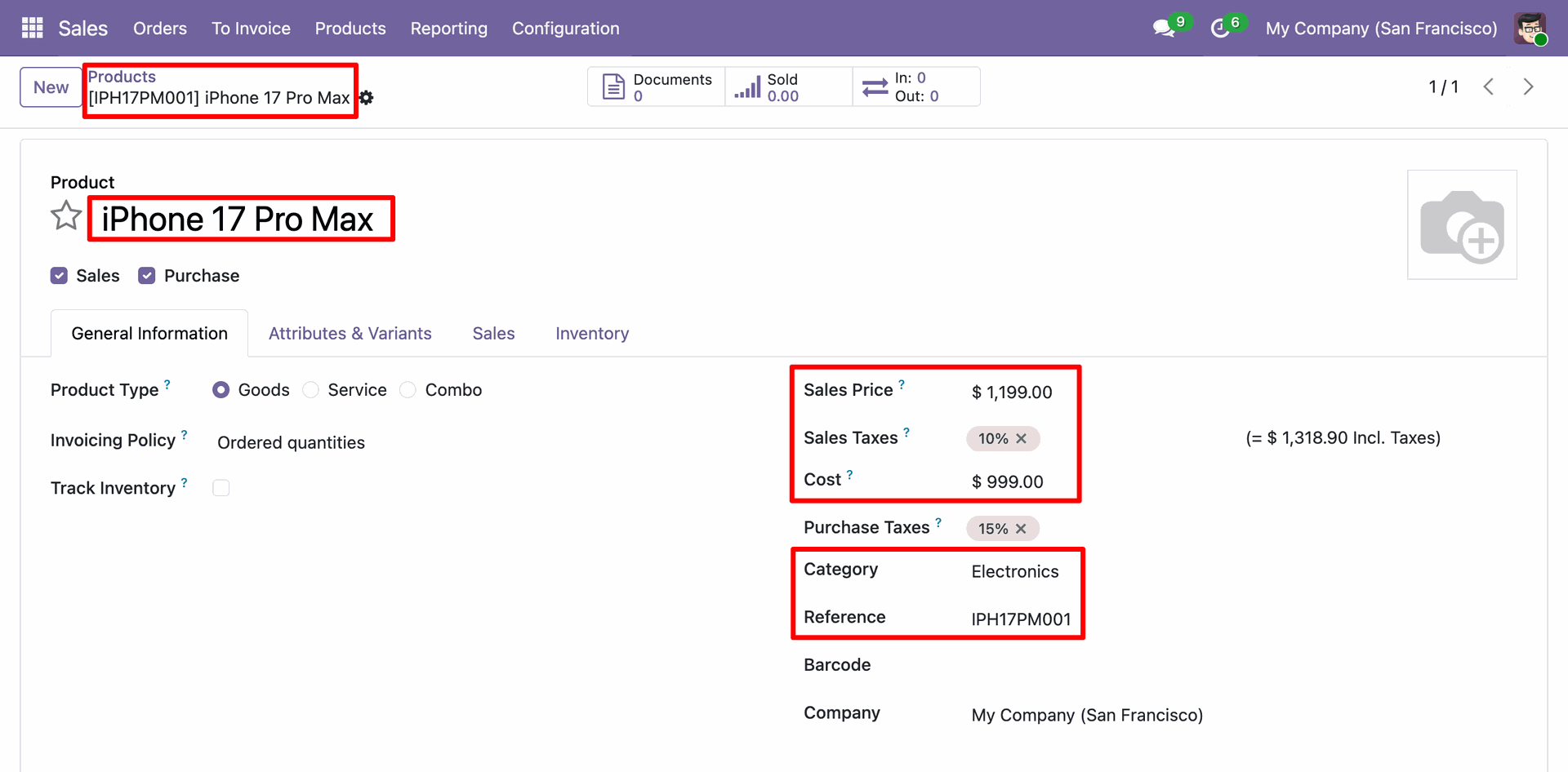 Odoo Product Template form view for the successfully imported product 'iPhone 17 Pro Max', displaying synchronized fields like Sales Price, Cost, Category, and Internal Reference.