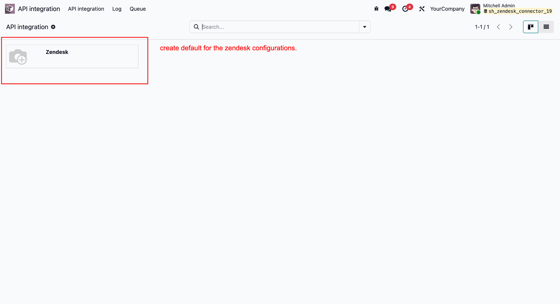 Accessing the Zendesk configuration card in Odoo's API Integration Dashboard