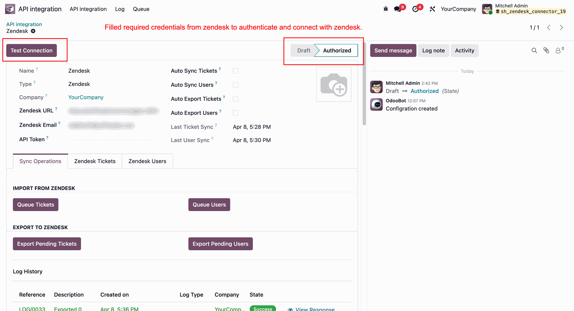 Configuring Zendesk integration credentials and validating authorization status in Odoo
