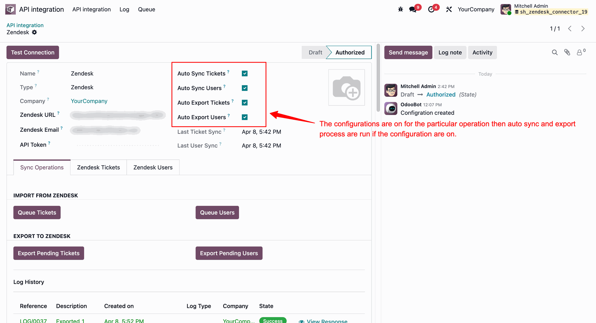 Enabling Auto Sync and Auto Export settings for Zendesk tickets and users in Odoo