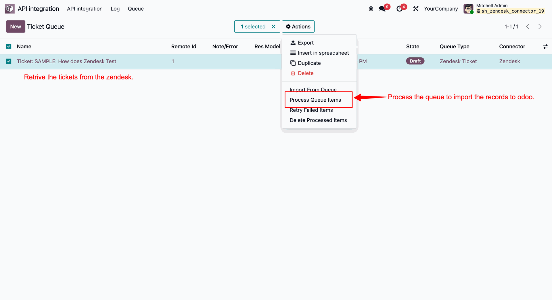 Selecting and processing queued items in Odoo's Zendesk Ticket Queue to import records
