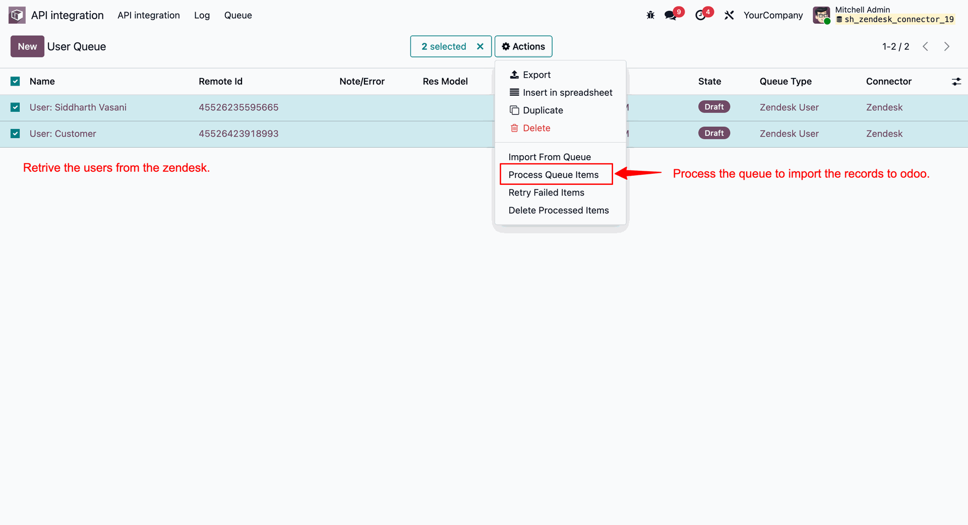 Selecting and processing queued Zendesk users to import them into Odoo's contacts