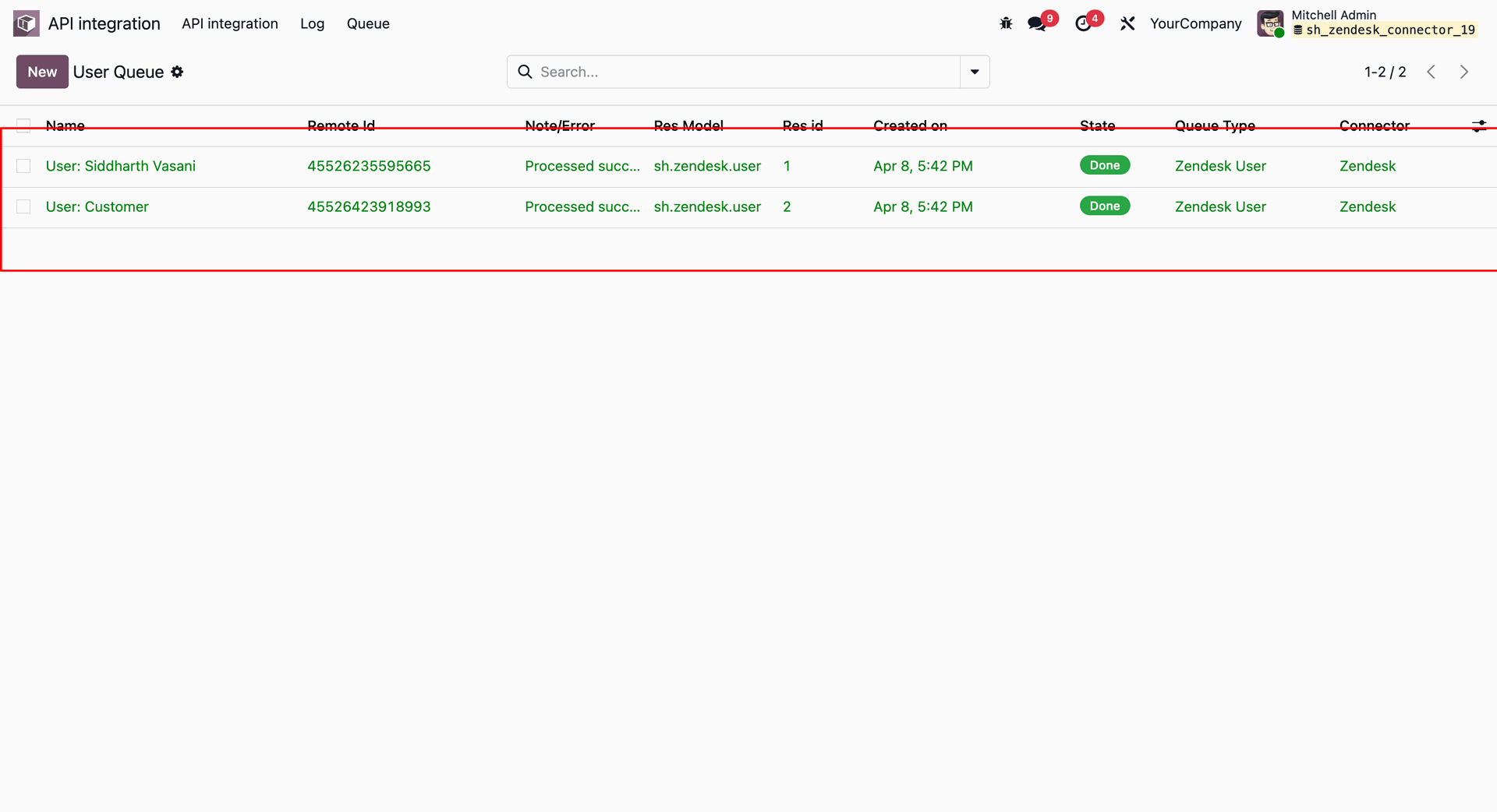 User Queue list in Odoo displaying Done state for successfully processed Zendesk users