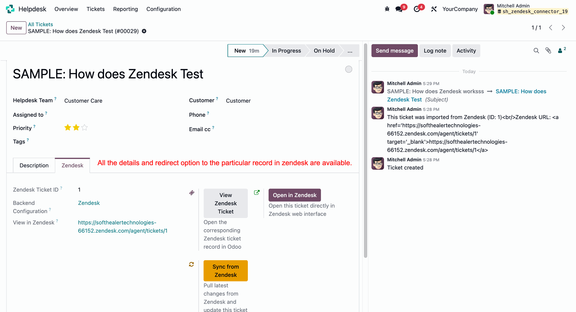 Helpdesk ticket form in Odoo showing the Zendesk tab with reference ID and sync action buttons