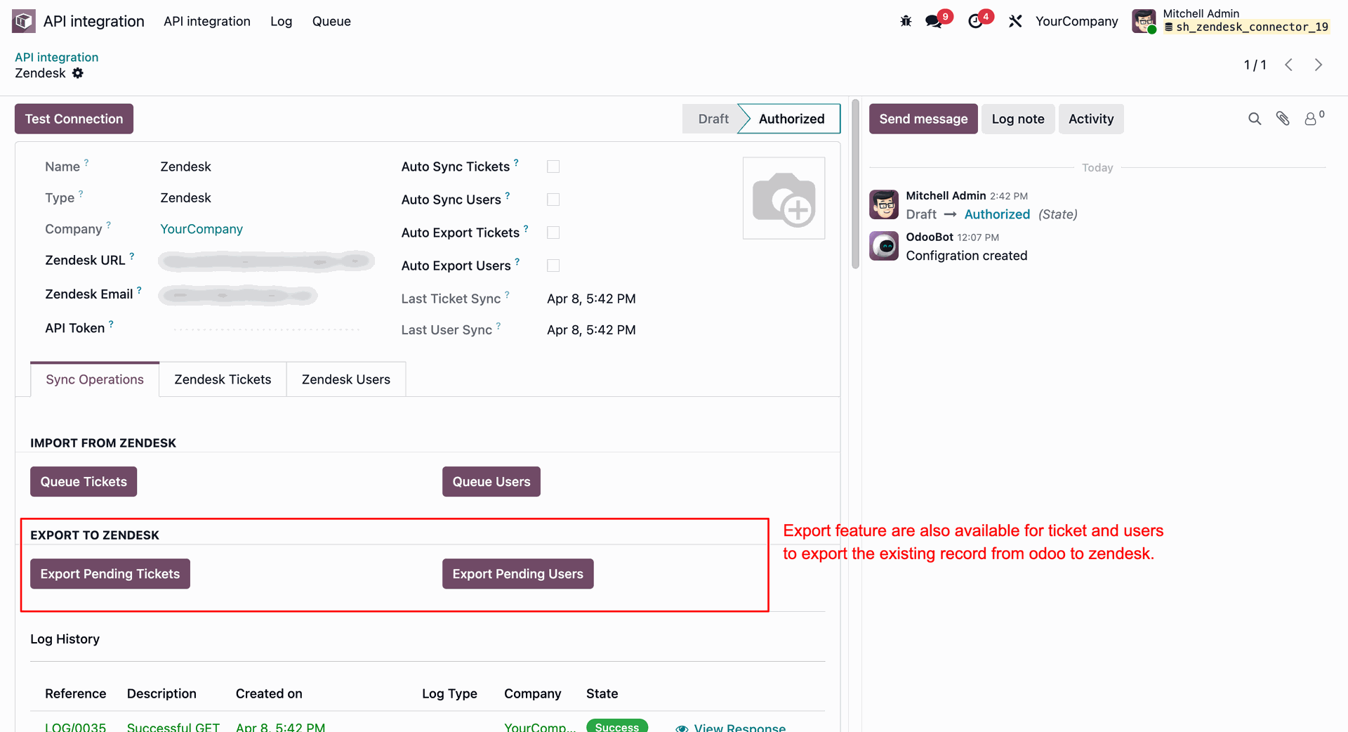 Triggering manual export of pending tickets and users from Odoo back to Zendesk