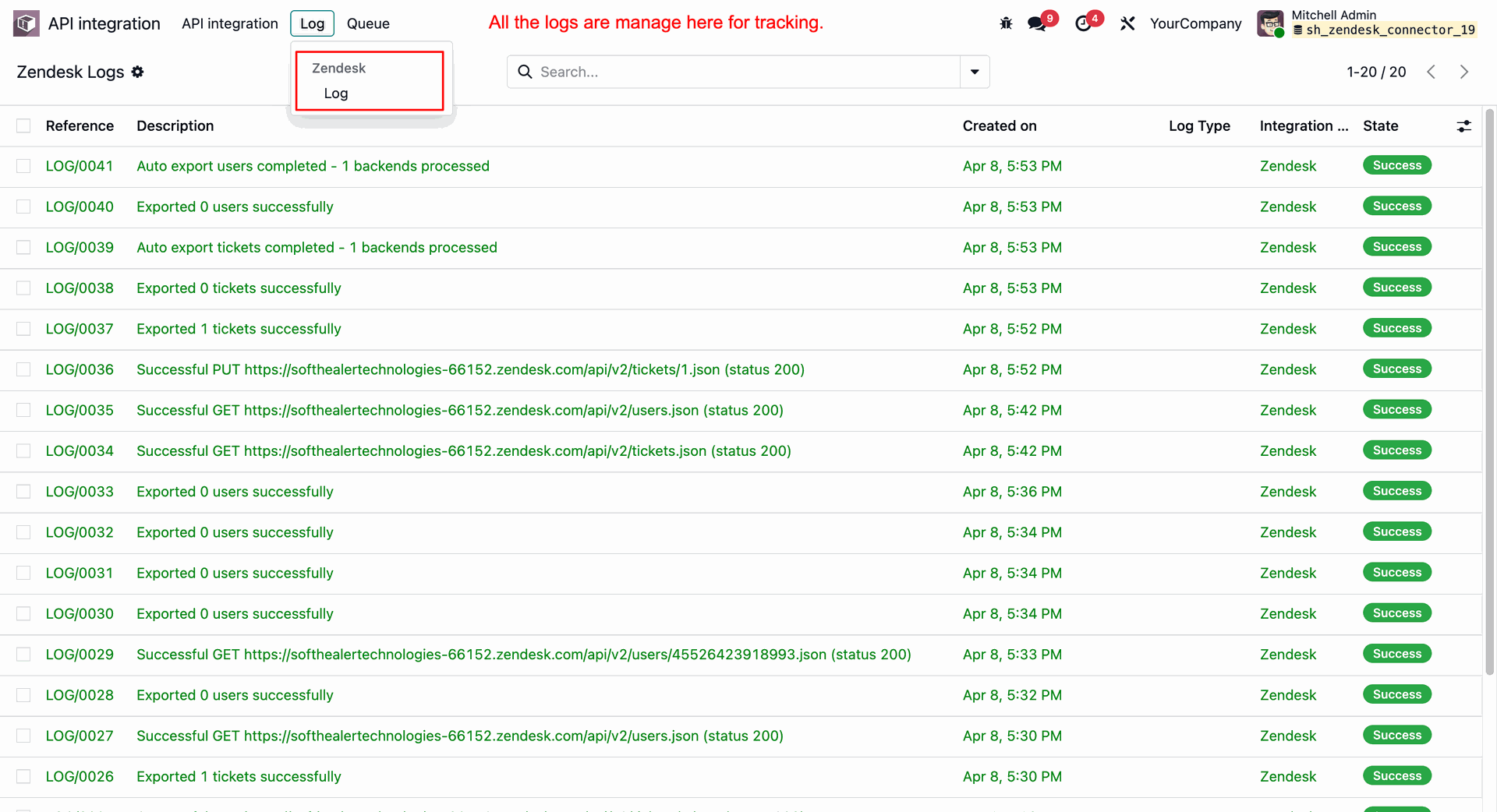 Monitoring Zendesk Connector integration logs showing success status for API requests
