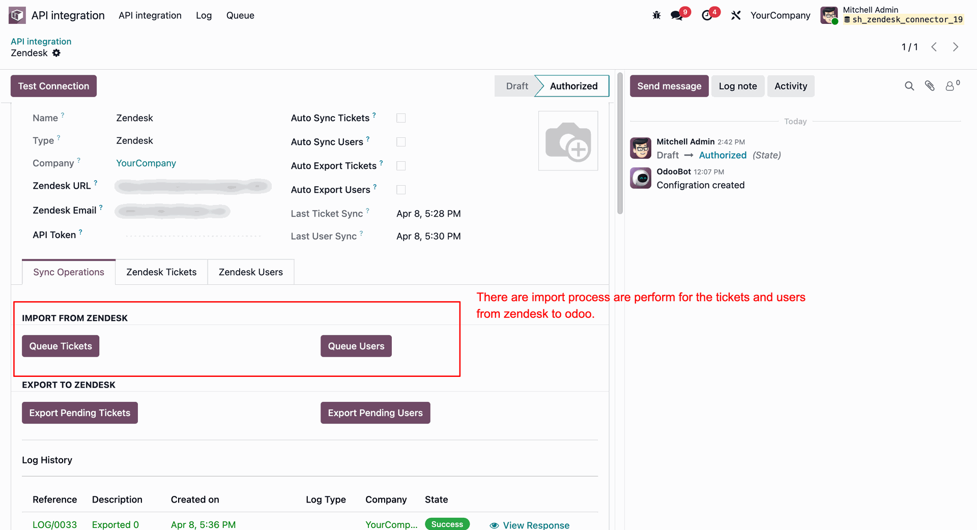 Manually triggering the import of Zendesk tickets and users to Odoo via queue buttons