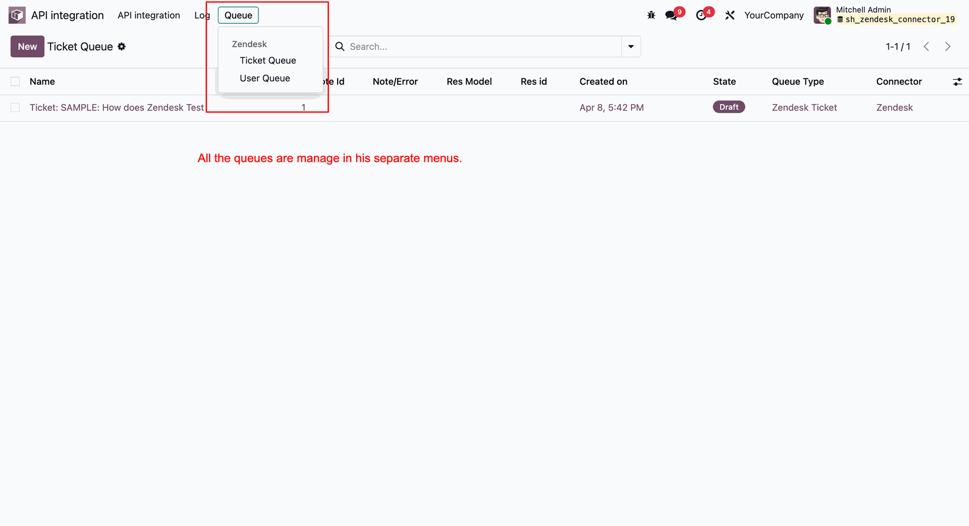 Navigating the Zendesk connector integration menu to view Ticket Queue and User Queue