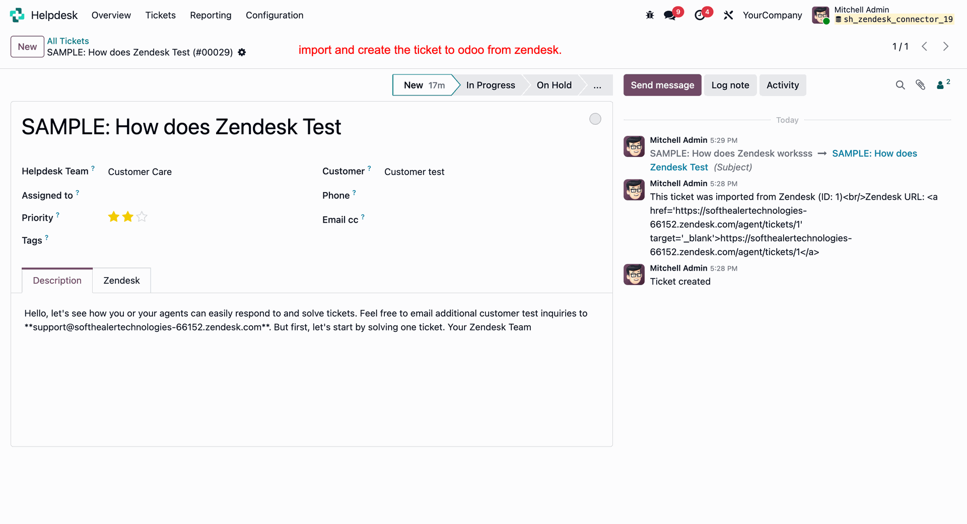 Successfully created Helpdesk ticket in Odoo containing synced Zendesk fields and chatter notes