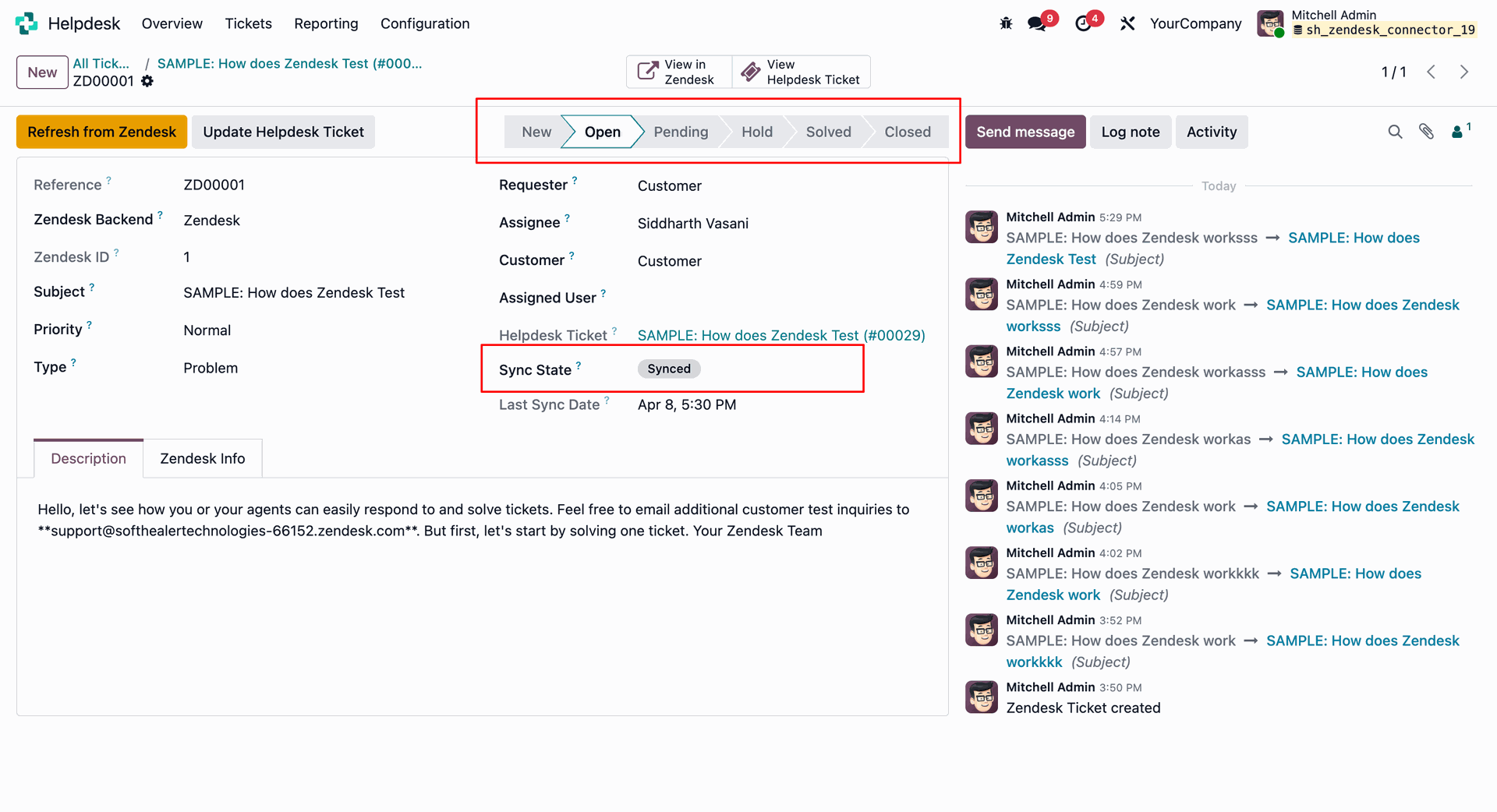 Detailed custom Zendesk Ticket record view in Odoo with Sync State and status stages