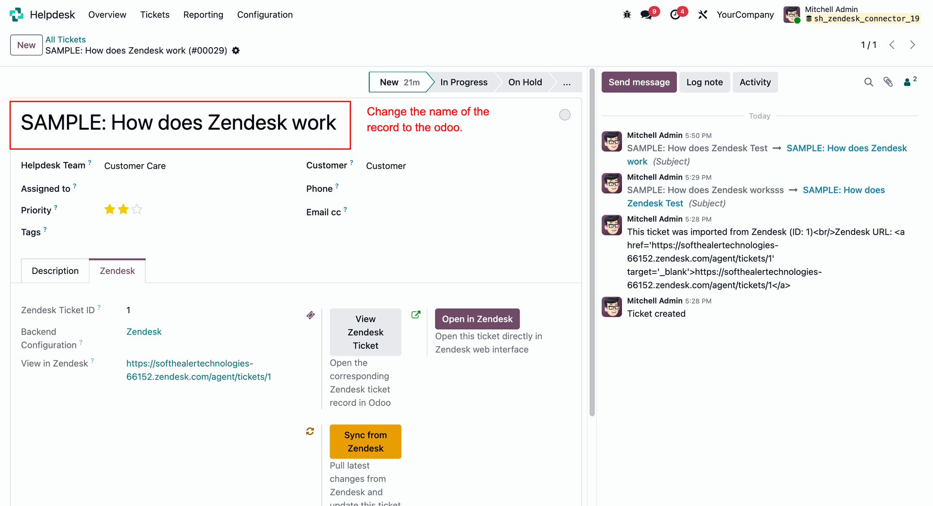 Updating Helpdesk ticket subject in Odoo to trigger bidirectional synchronization back to Zendesk