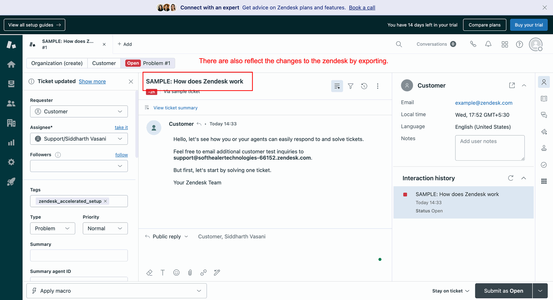 Verification of ticket updates showing the modified subject line inside Zendesk's web client
