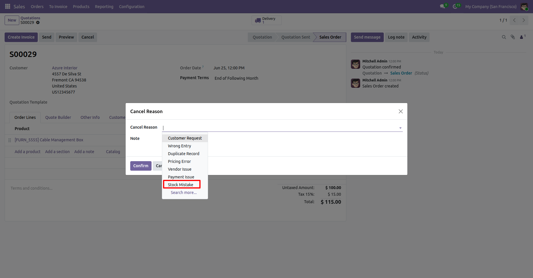 Odoo cancellation reason wizard