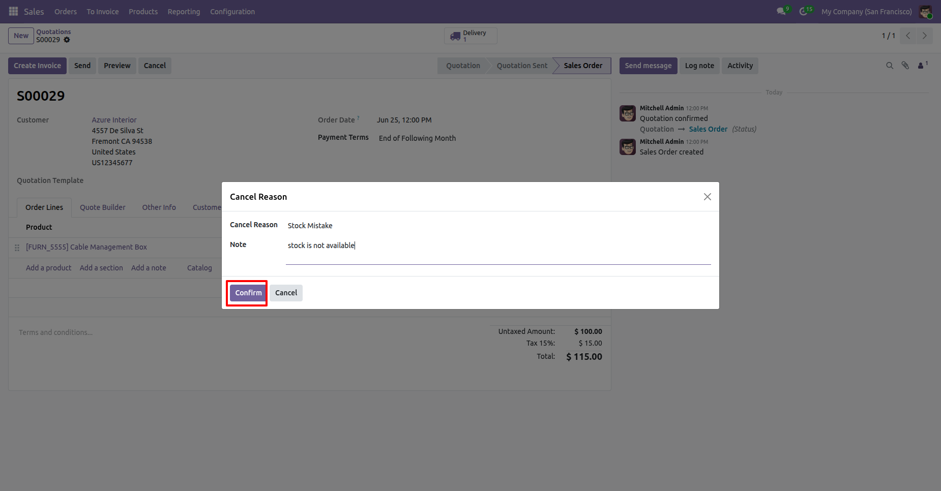 Odoo confirm sale order cancellation