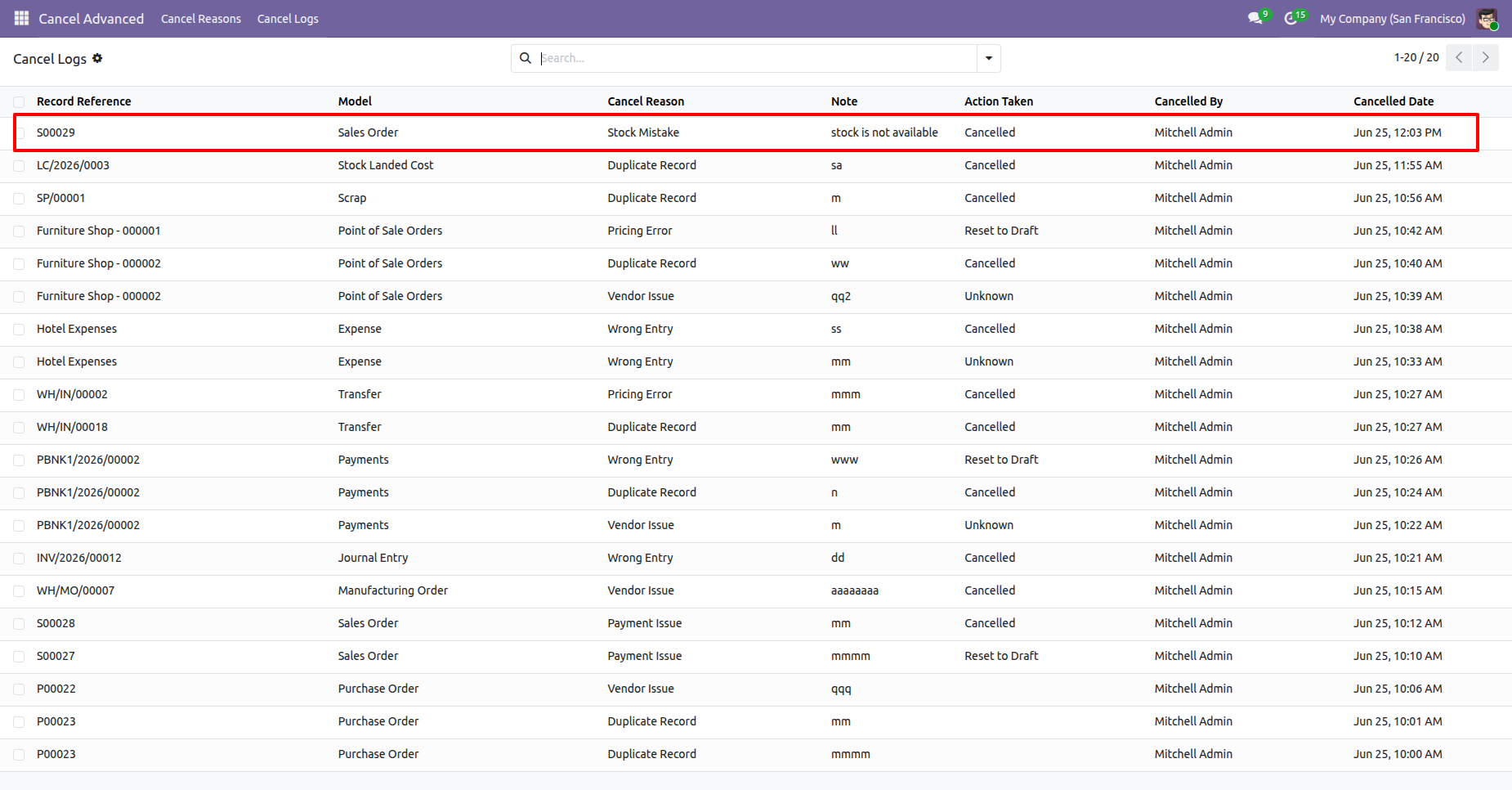 Odoo cancellation logs with reasons