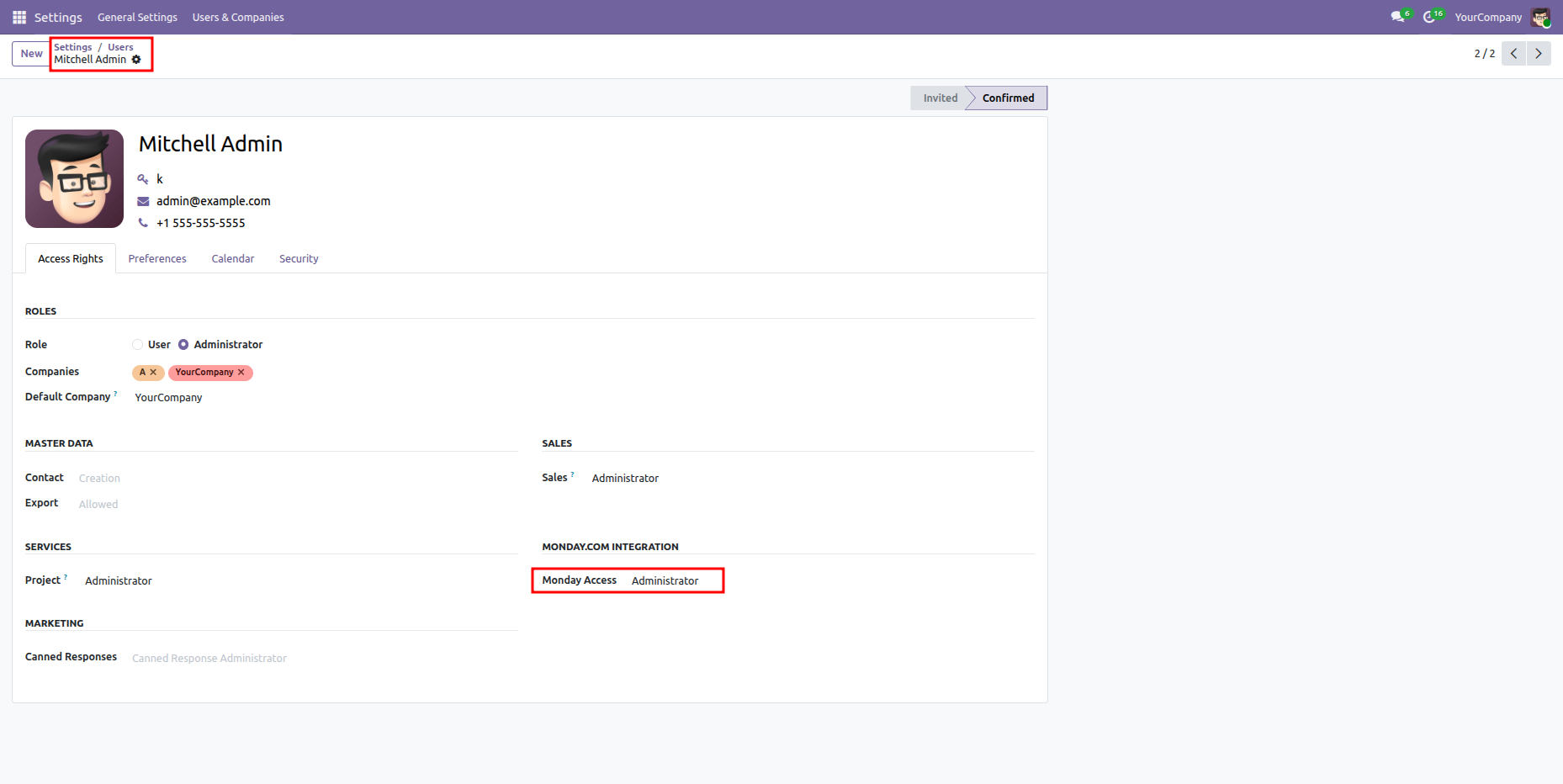 Odoo Settings > Users form view for Mitchell Admin in Confirmed status, highlighting Monday Access set to Administrator under the Monday.com Integration section.