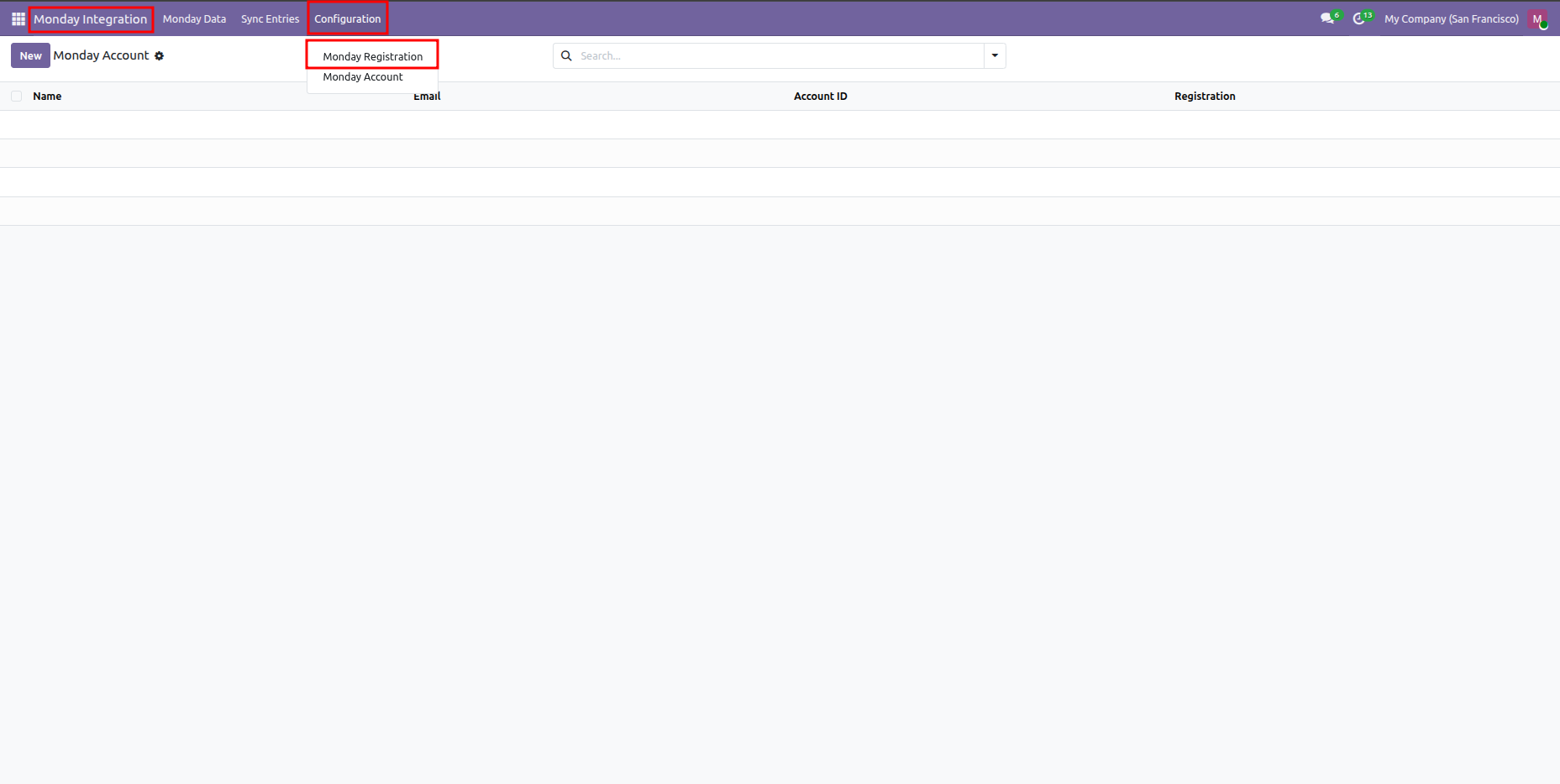 Odoo Monday Integration module interface showing Configuration menu expanded with Monday Registration and Monday Account options.