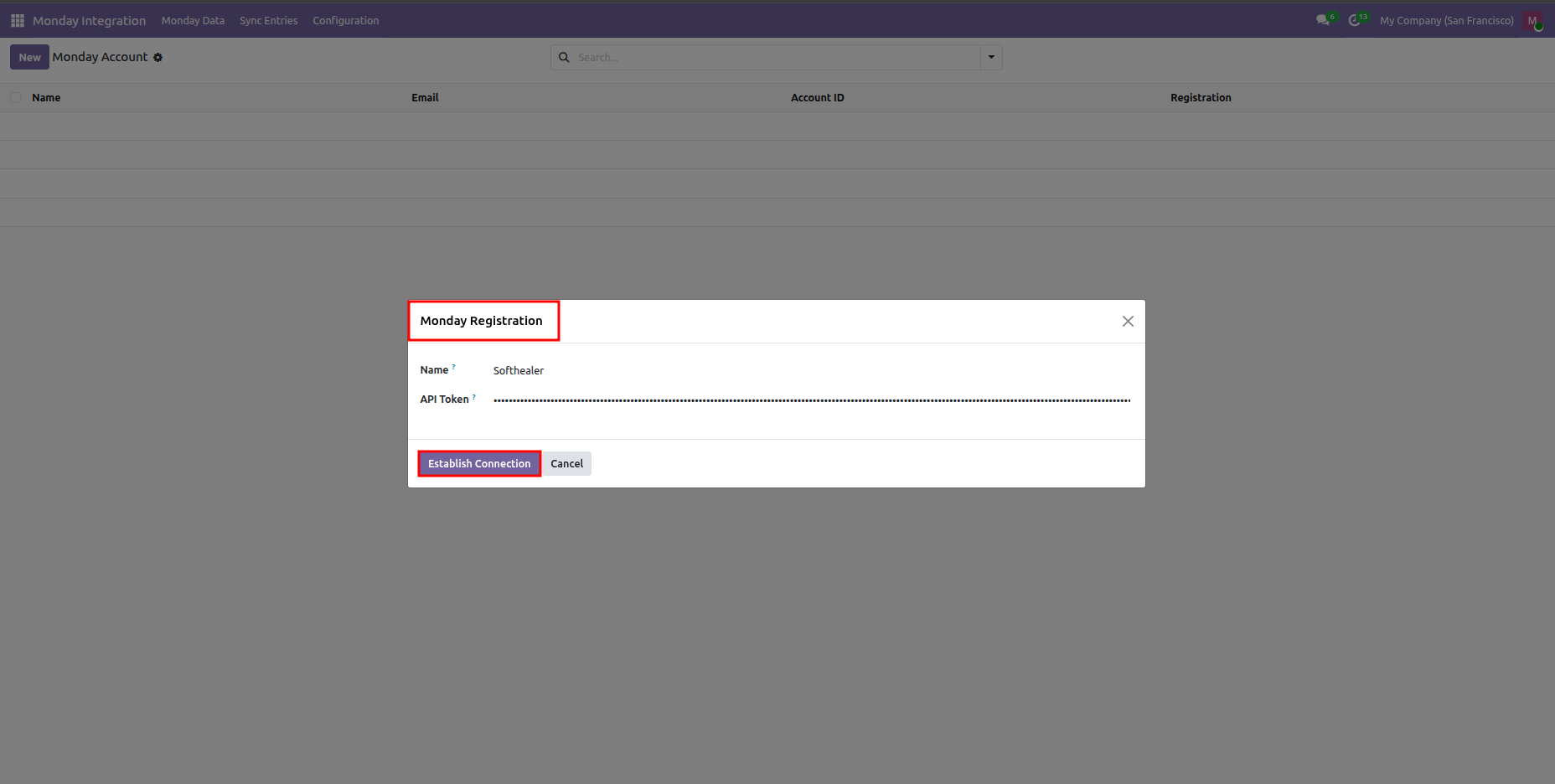 Monday Registration wizard dialog prompting for Name and API Token to connect with Monday.com.