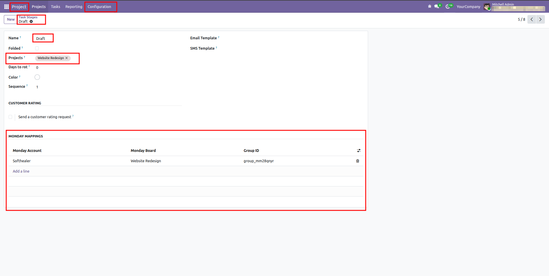 Odoo Task Stage form view for Draft highlighting the Monday Mappings mapping table.